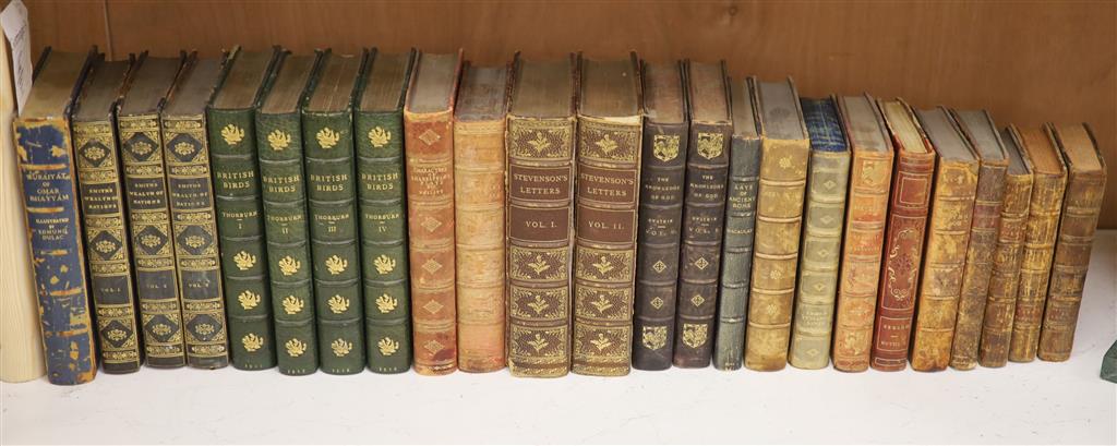 A collection of leather bound books, British Birds, Stevensons Letter, etc